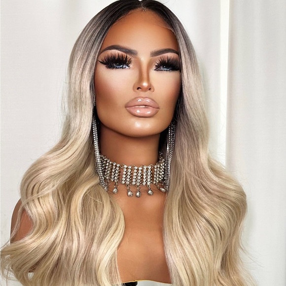 HD Transparent Lace Front Loose Curl Blonde Dark Root Ombre Long Wig - Picture 7 of 11